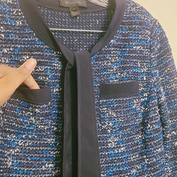 St. John | Navy Blue & White Patterned Wool Blend Two Piece Skirt Suit (Size 8) - Picture 3 of 15